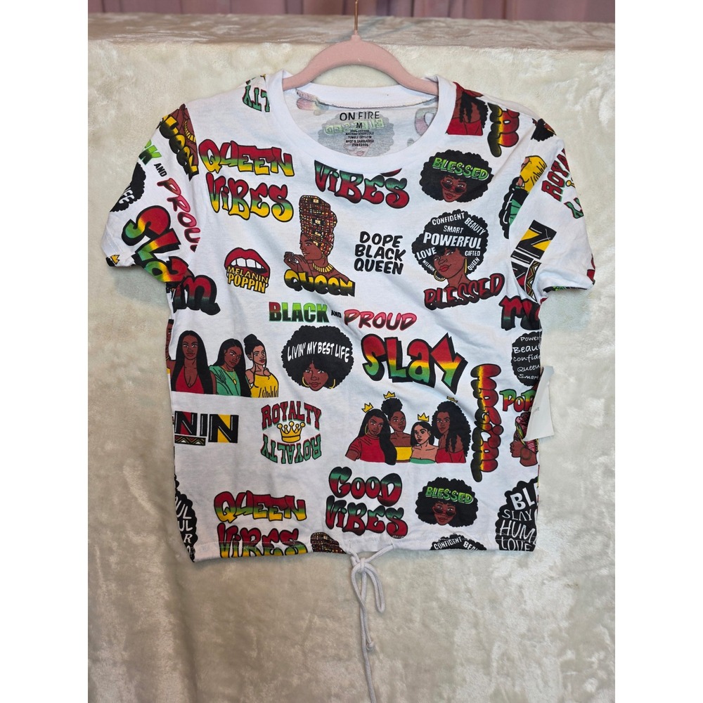 On Fire‎ Womens Graphic T-Shirt White Black Queen Melanin Poppin Drawstring Med